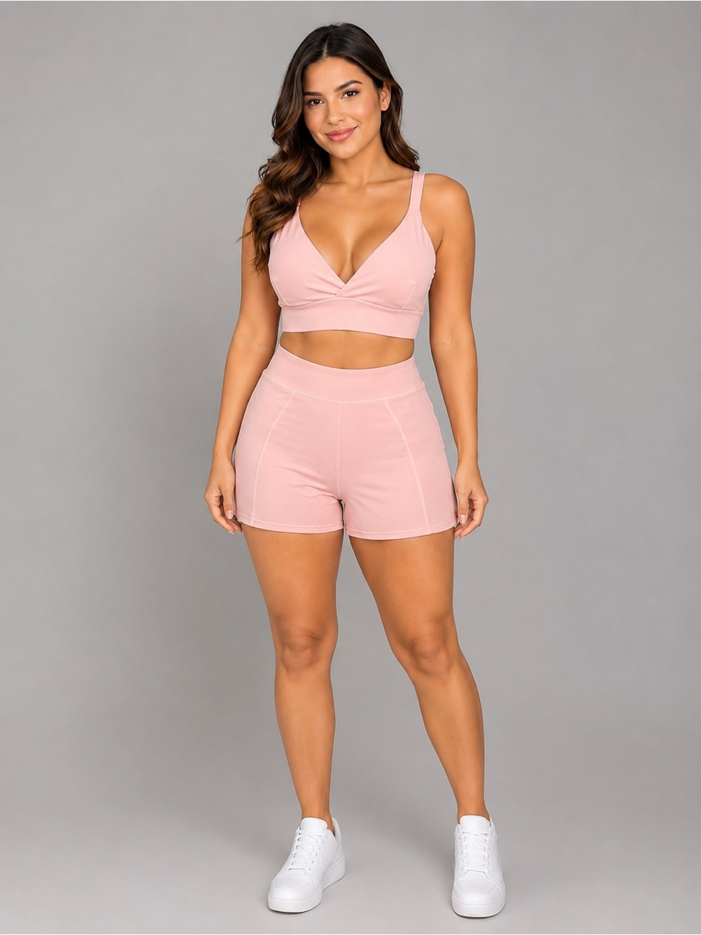 Pink Sporty Crop Top & High-Waist Shorts Set- swimsuit and activewear